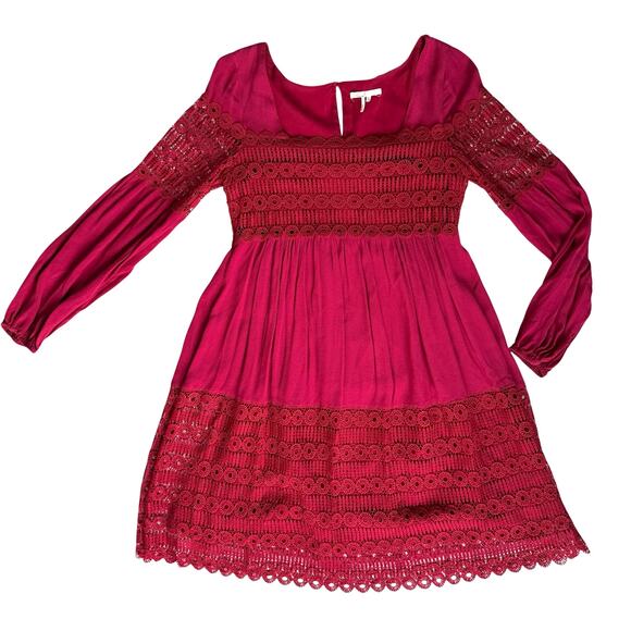 Anthropologie Whimsigoth Raspberry Red Crochet Lace Dress Sz 2 Lined Long Sleeve - Picture 15 of 16